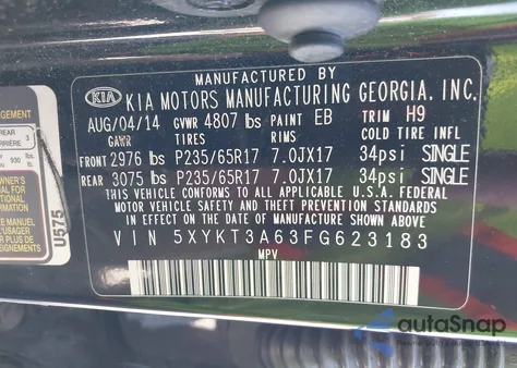 2015 Kia Sorento Lx из США, поврежденный, VIN 5XYKT3A63FG623183